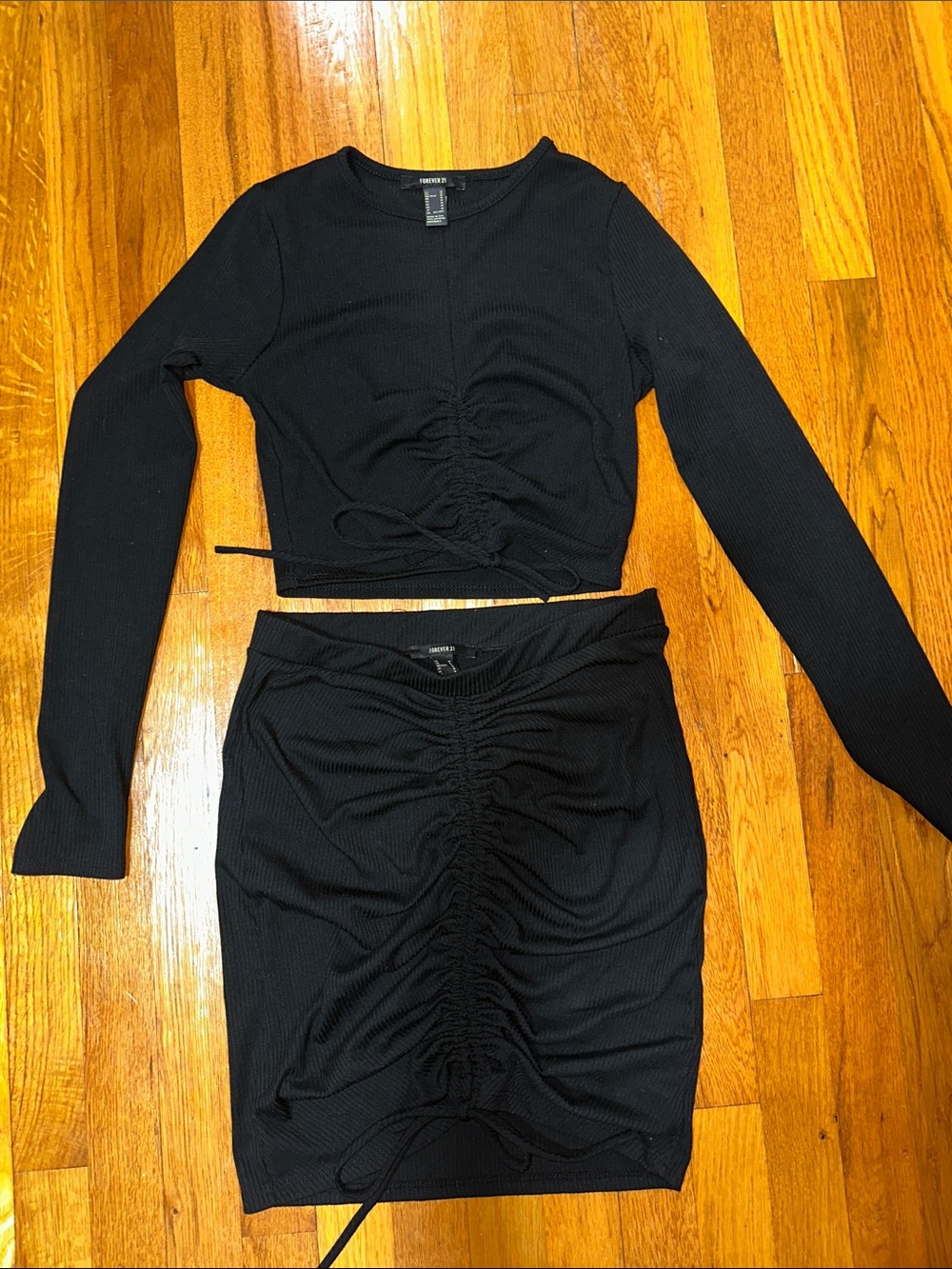 Forever 21 Black Ribbed Ruched Mini Skirt Set